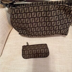 Fendi Crossbody Brown and Cream Monogram Tote and Pouch